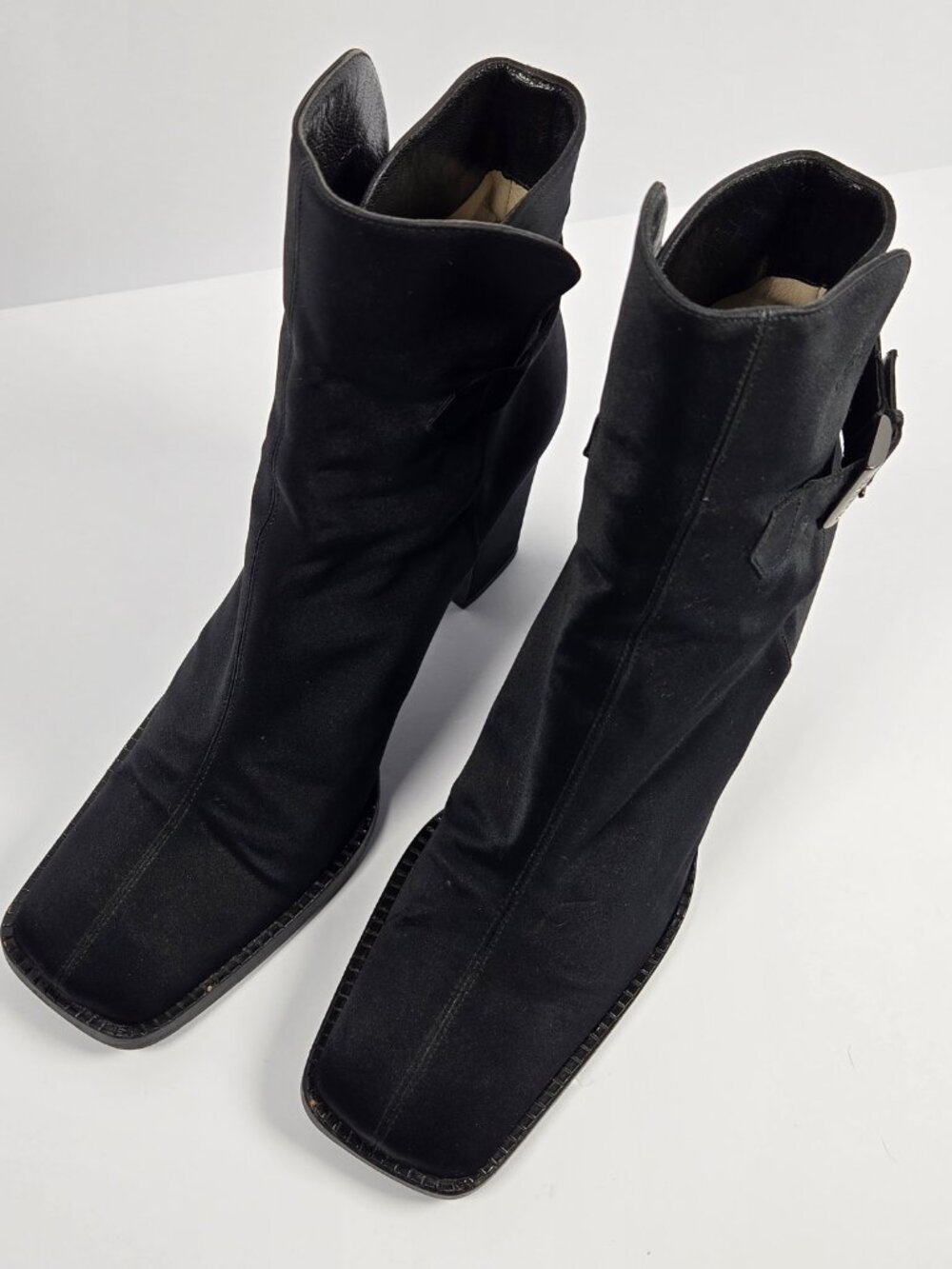 Chanel Vintage Black Satin Ankle Boots Block Heel Buckle Square Toe CC Logo - Picture 2 of 6